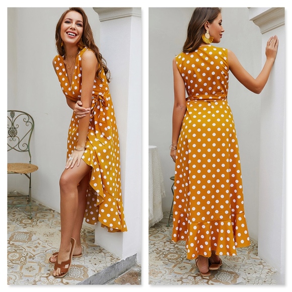 Polka Dot Ruffle Hem Wrap Tie Yellow Maxi Dress - Picture 2 of 8